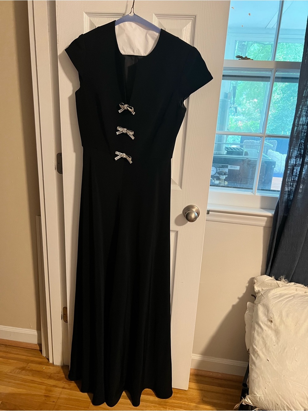 Walter Baker Black Maxi Dress with Rhinestone Bow Accents